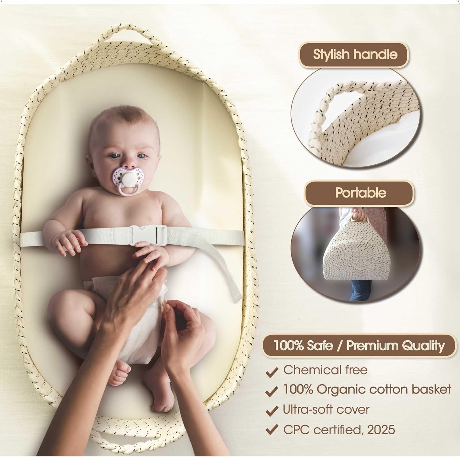 Baby Changing Basket - Soft & Waterproof Dual-Cover, Portable, Moses Basket, Changing Pad for Dresser & Changing Table, Gift for Baby Shower, Organic Cotton Rope