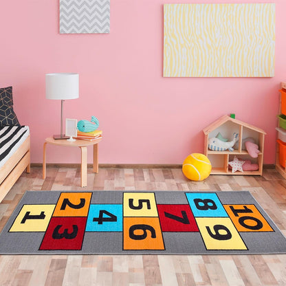 2'7" X 6' Hopscotch Kids Rug - Play Mat for Playroom, Bedroom, Daycare & Classroom - Fun & Interactive Game Carpet - Durable and Non-Slip - Perfect for Learning & High-Traffic Areas, Gray