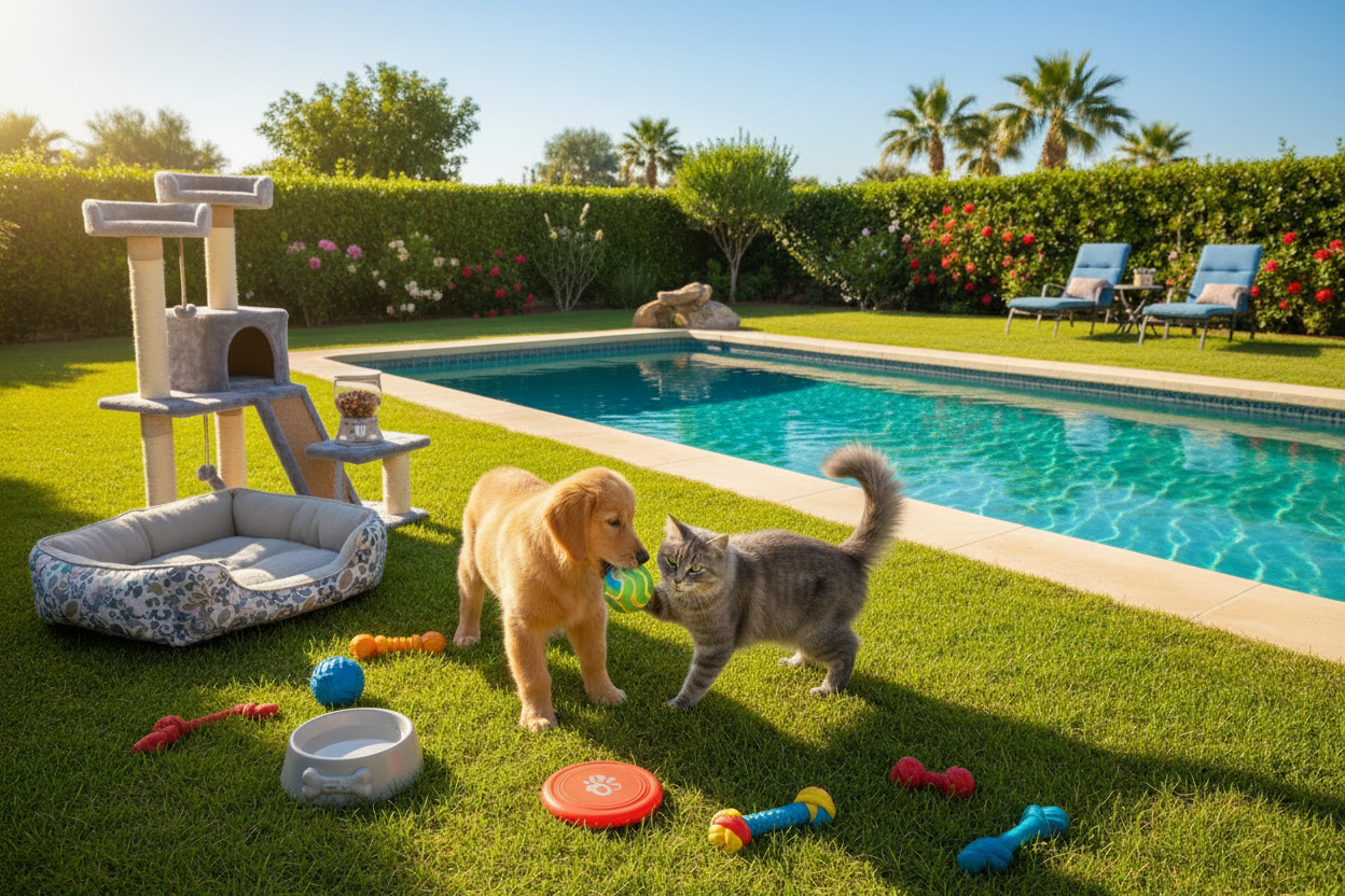 Dog and Gray Cat Outdoors Pool