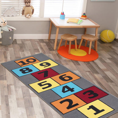 2'7" X 6' Hopscotch Kids Rug - Play Mat for Playroom, Bedroom, Daycare & Classroom - Fun & Interactive Game Carpet - Durable and Non-Slip - Perfect for Learning & High-Traffic Areas, Gray