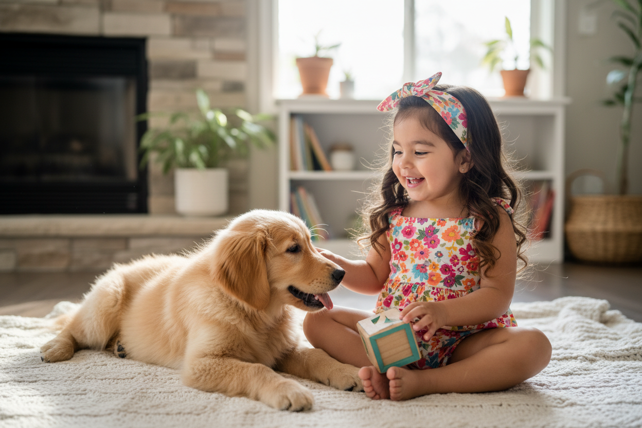 Toddler Girl Long Hair and Puppy